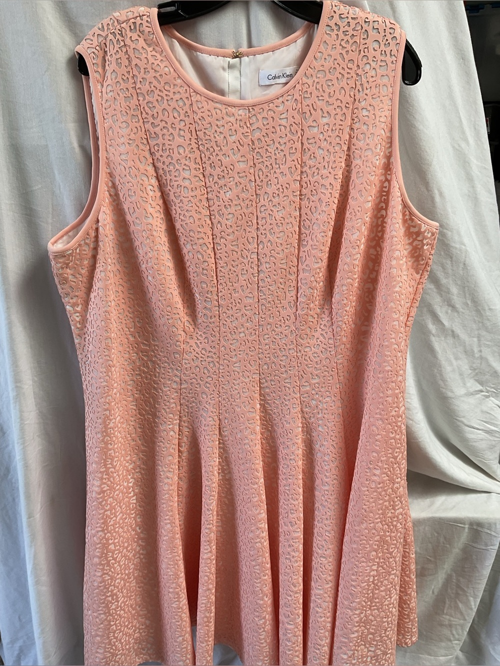 Calvin Klein Peach-Pink Textured Sleeveless Fit-and-Flare Dress